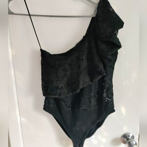 One shoulder lace black bodysuit